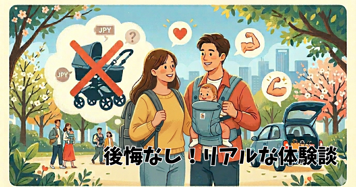 ベビーカーを使わず抱っこ紐で赤ちゃんを抱っこして歩く夫婦と、ベビーカー不要を意味するイラスト
