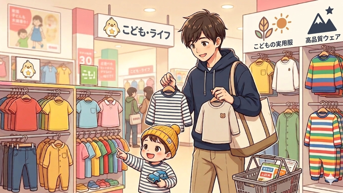 「【体験談】保育園の服どこで買う？1歳児パパが使ってわかったおすすめと失敗談」の文字と、子供服売り場で楽しそうに服を選ぶパパと男の子のイラスト
