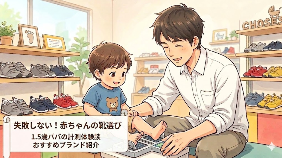 「【体験談】赤ちゃんの靴サイズ、いつ替える？失敗しない選び方をパパが解説」の文字と、子供靴専門店でパパと一緒に足のサイズを計測する男の子のイラスト