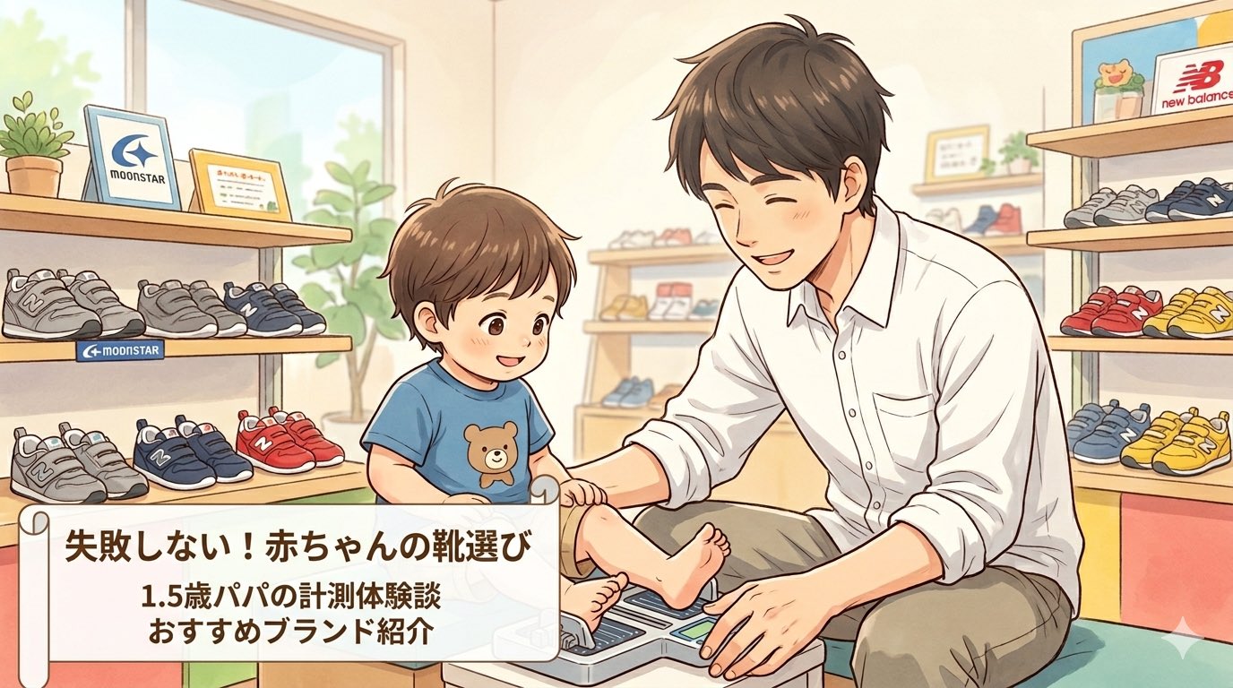 靴屋で1.5歳の子供の足を専用の機械で計測しているパパと、棚に並ぶムーンスターやニューバランスの子供靴のイラスト