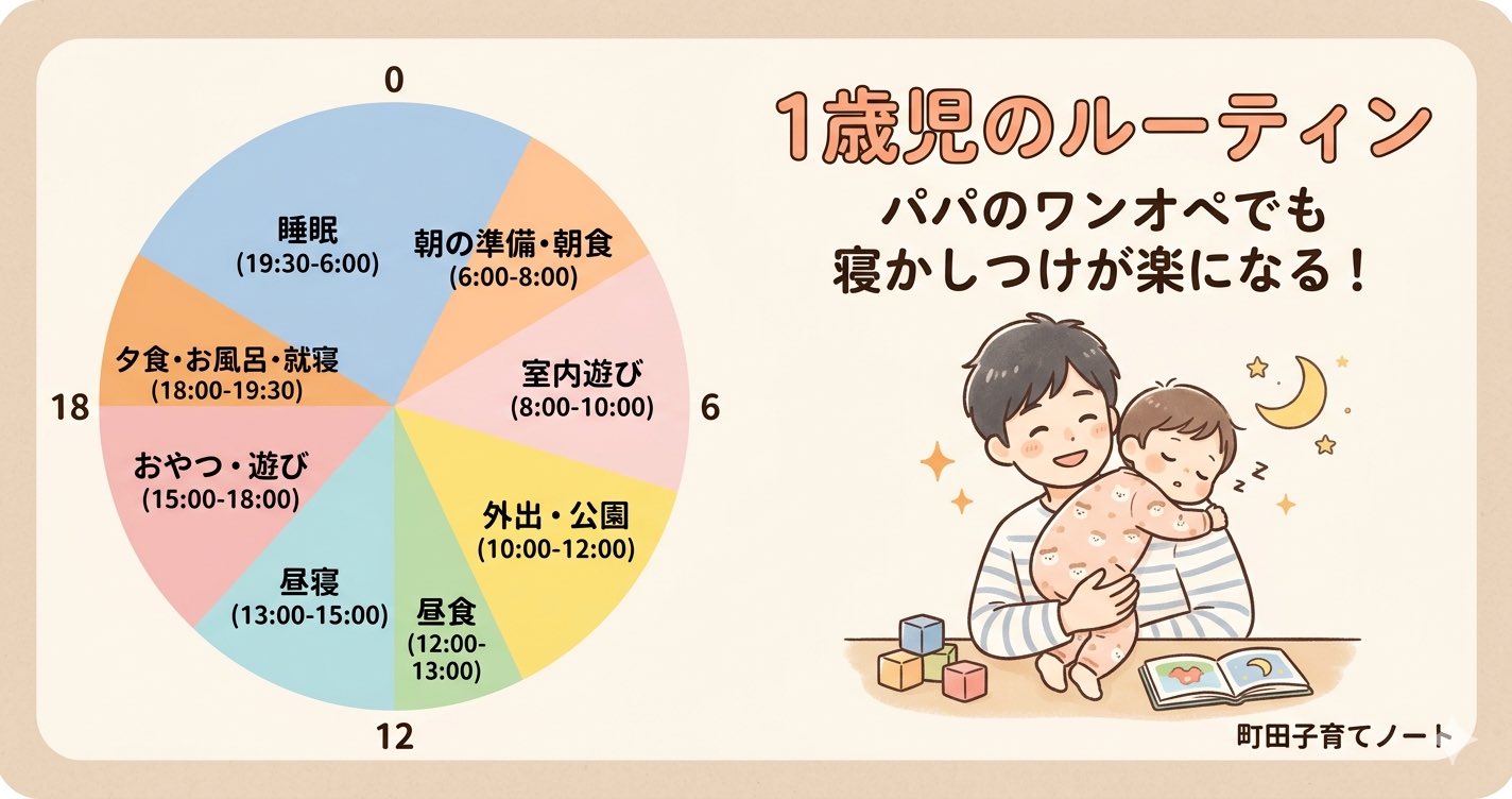 1歳児のルーティンを円グラフで解説したアイキャッチ画像。パパが子供を寝かしつけているイラストと「寝かしつけが楽になる！」の文字。