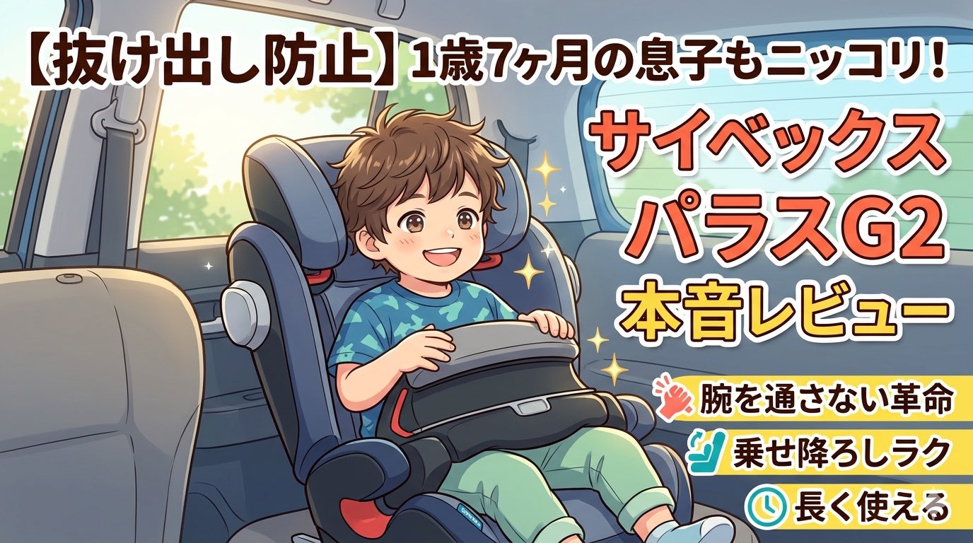 サイベックス パラスG2に機嫌よく座る1歳7ヶ月の男の子のイラスト