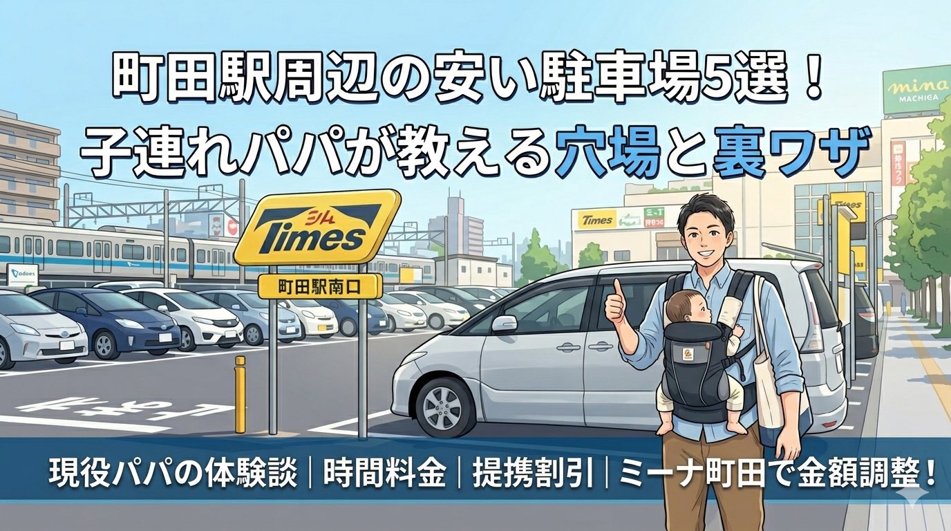 「町田駅周辺の安い駐車場5選！子連れパパが教える穴場と裏ワザ」のアイキャッチ画像。晴れた日の町田駅南口のタイムズ駐車場のイラスト。手前には抱っこ紐で赤ちゃんを抱えたパパが笑顔で親指を立てて立っており、その後ろにはミニバン、遠くにはミーナ町田と小田急線が描かれている。下部の帯には「現役パパの体験談｜時間料金｜提携割引｜ミーナ町田で金額調整！」の文字がある。