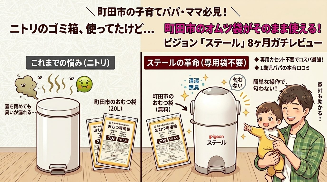 町田市のオムツ袋が使えるピジョン「ステール」のレビュー記事アイキャッチ画像。ニトリの蓋付きゴミ箱（閉めても臭う悩み）と、専用袋不要で町田市のオムツ専用袋が使えるピジョン「ステール」（臭わず快適なパパと赤ちゃん）のBefore・After比較イラスト。