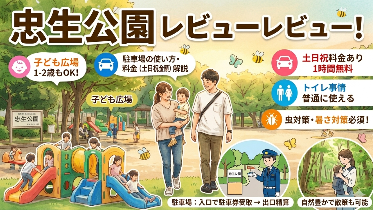 町田市「忠生公園」のパパママ目線レビュー記事のアイキャッチ画像。子ども広場や駐車場情報、トイレ事情、虫対策などを温かみのあるイラストで紹介。