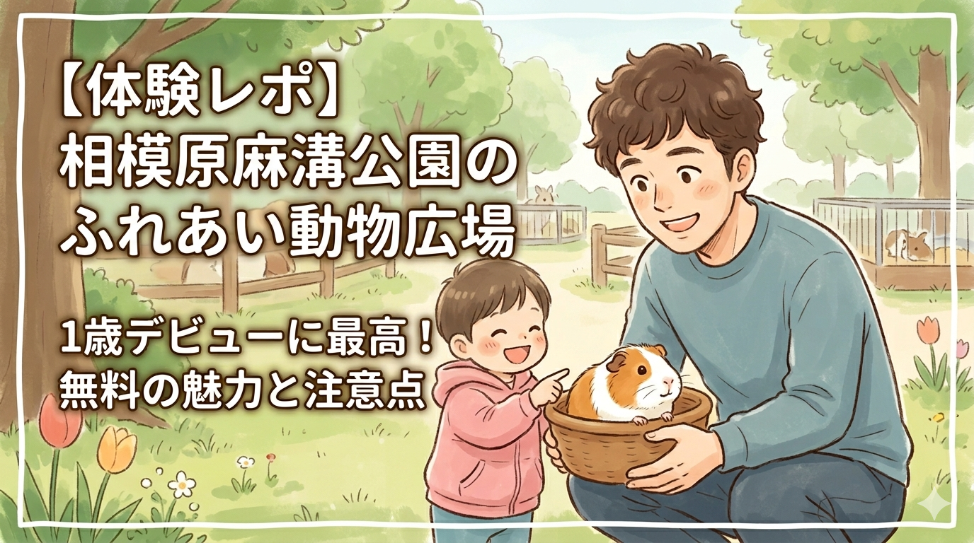 温かみのあるイラストで描かれた、相模原麻溝公園ふれあい動物広場のブログアイキャッチ画像。ヒゲのない笑顔のパパが、籠に入ったモルモットを大切そうに持ち、横にいる小さな男の子が笑顔でモルモットを指差している。背景には緑豊かな公園と柵、ウサギのケージが見える。画像左上には「【体験レポ】相模原麻溝公園のふれあい動物広場」と「1歳デビューに最高！無料の魅力と注意点」の日本語タイトルテキストが配置されている。