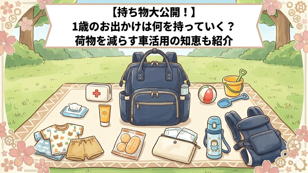 「1歳児との外出時の持ち物をテーマにしたブログ記事のアイキャッチイラスト。 草原に敷かれたレジャーシートの上に、ネイビーのマザーズリュックが中央に置かれ、その周りにおむつポーチ、着替え、離乳食、水筒、日焼け止め、おもちゃ、抱っこ紐などの必需品が分かりやすく並べられています。 上部には、『【持ち物大公開！】 1歳のおお出かけは何を持っていく？ 荷物を減らす車活用の知恵も紹介』という、手描き風のフォントと飾り枠付きのタイトルが配置されています。 全体的に、優しく温かみのある手描きイラストのテイストでまとめられています。」