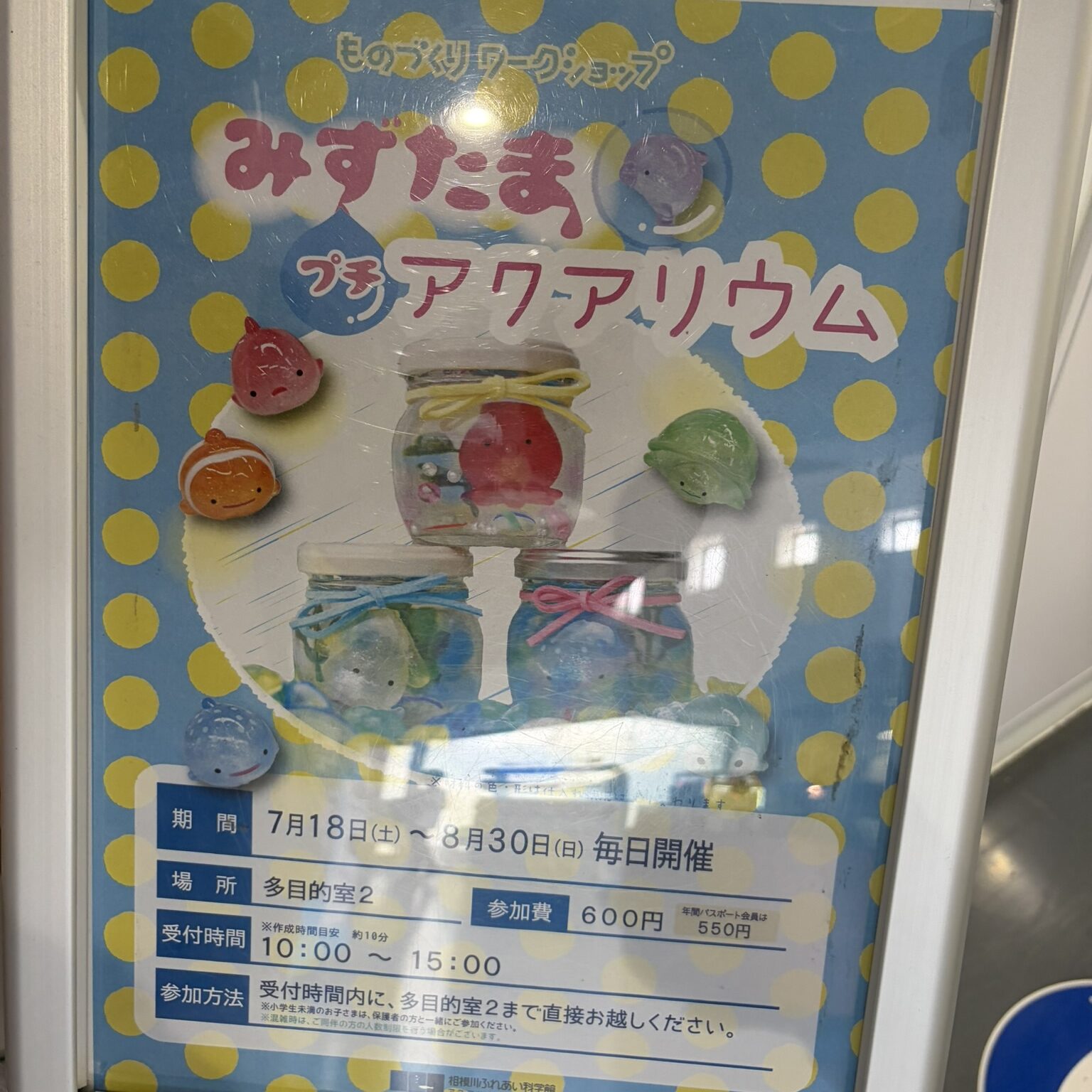 期間限定ワークショップの看板の写真
みずたまプチアクアリウムの文字が大きく書いてある