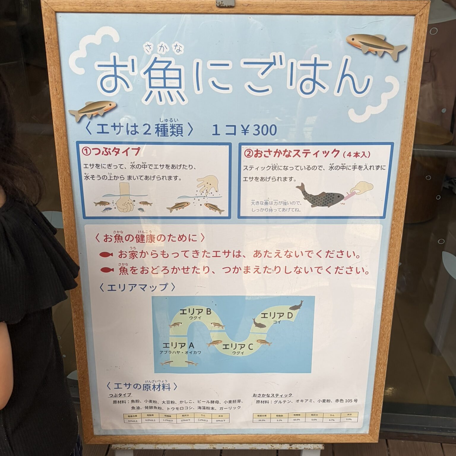 お魚にごはんの看板の写真
エサのあげ方や種類が書いてある看板