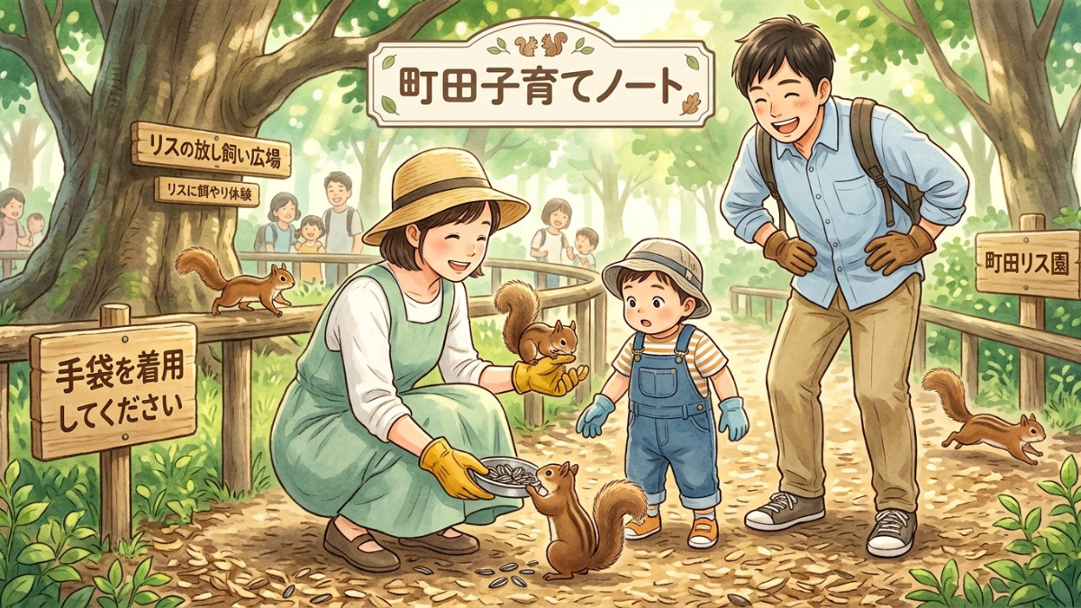A町田リス園の放し飼い広場で、手袋を着用してリスに餌を与える1歳11ヶ月の息子と両親のイラスト。背景には「町田リス園」「手袋を着用してください」などの看板があり、上部に「町田子育てノート」のタイトルロゴが配置されている。