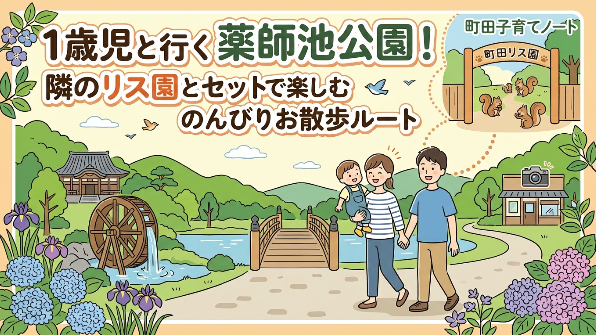 1歳児と行く薬師池公園の散歩ルートを紹介するイラストアイキャッチ。親子3人が太鼓橋や水車、あじさいが咲く園内を歩き、隣接する町田リス園へ向かう様子を描いています。右上には「町田子育てノート」のロゴ入り。